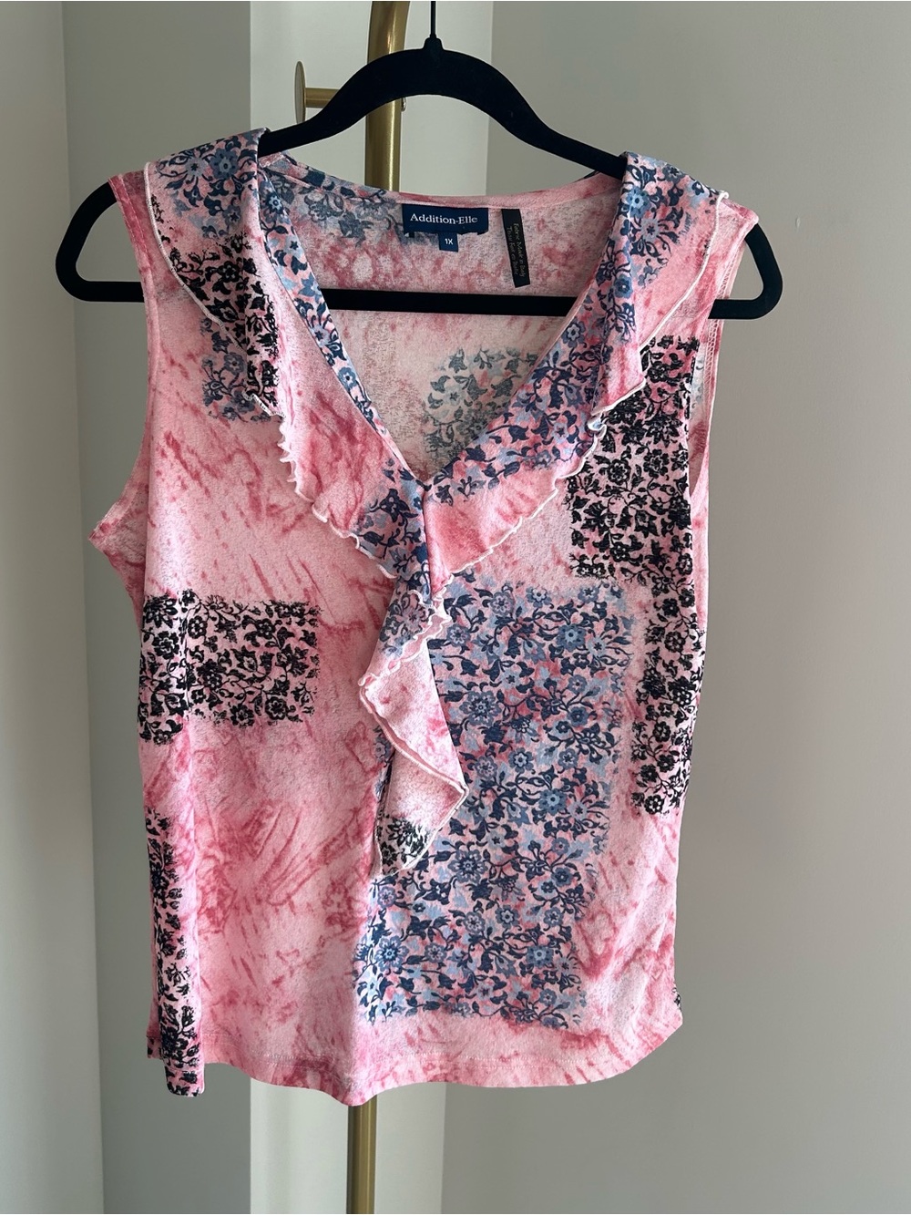 2000'a Pink Patterned Ruffle V Neck Top - Picture 6 of 6